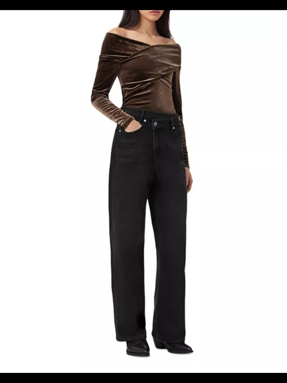 NWT All Saints Brown Velvet Off-Shoulder Top Long Sleeve Blouse Asymmetrical 6 - Picture 4 of 11
